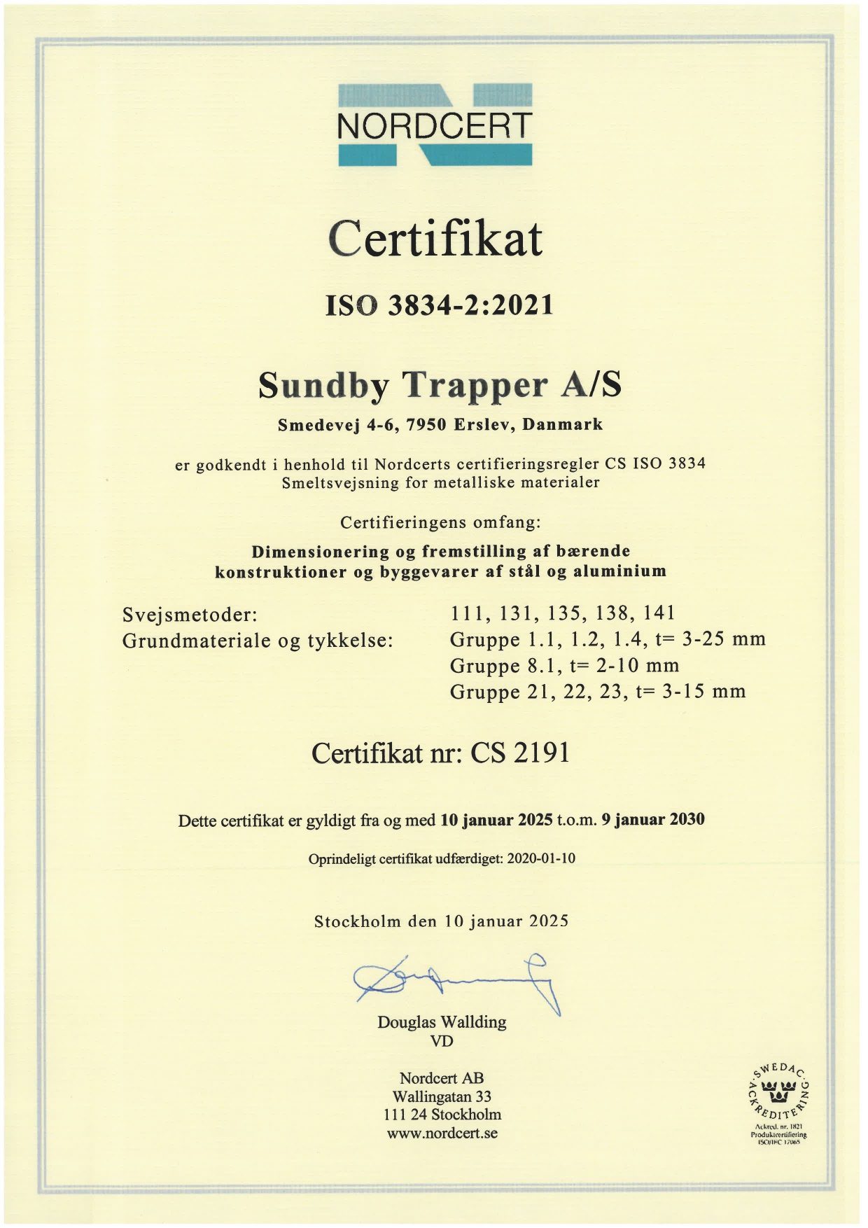 Certifikat CS2191, Sundby Trapper A/S, gyldigt til 9. januar 2030